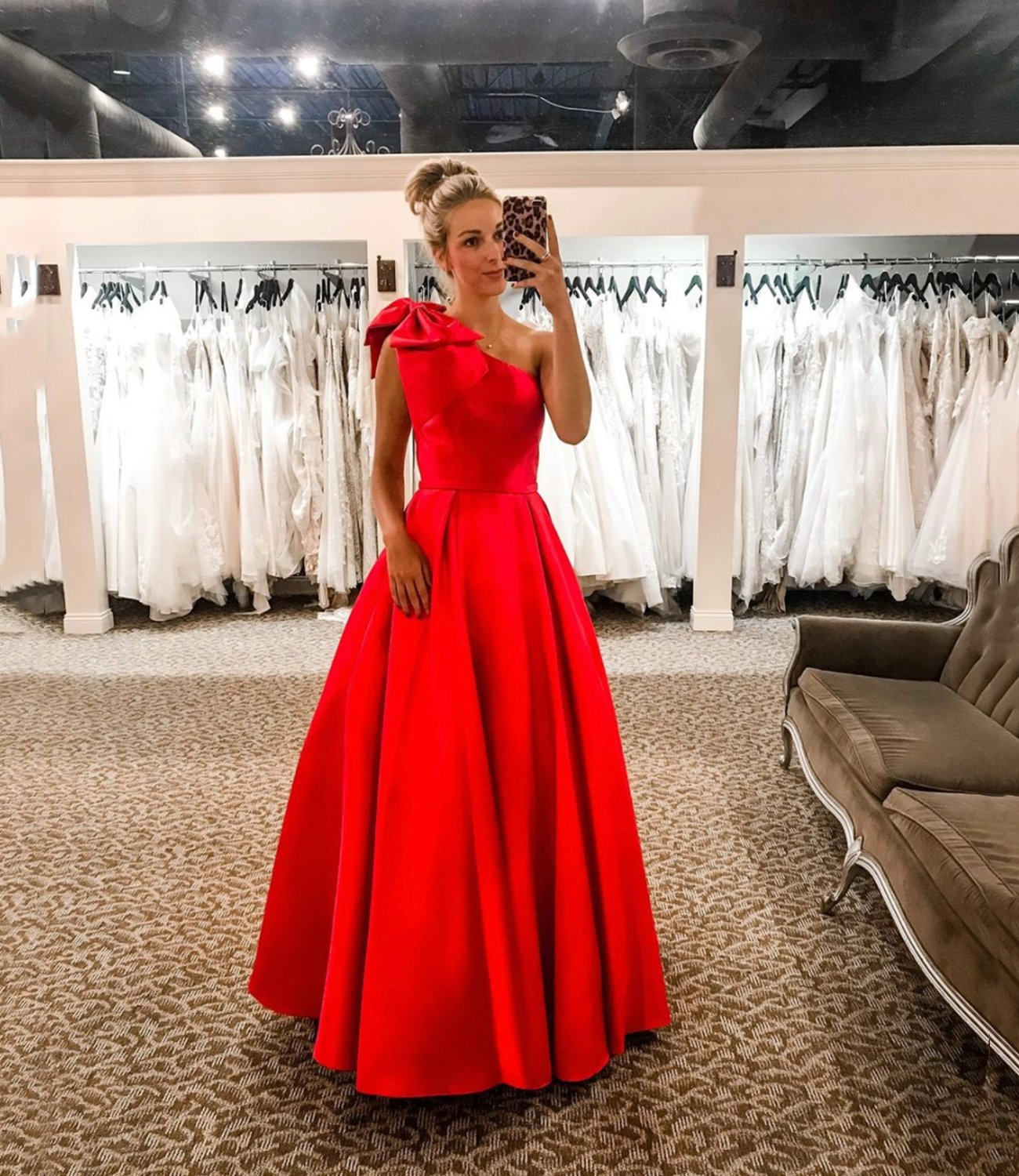 Red satin ong A line prom dress one shoulder evening dress