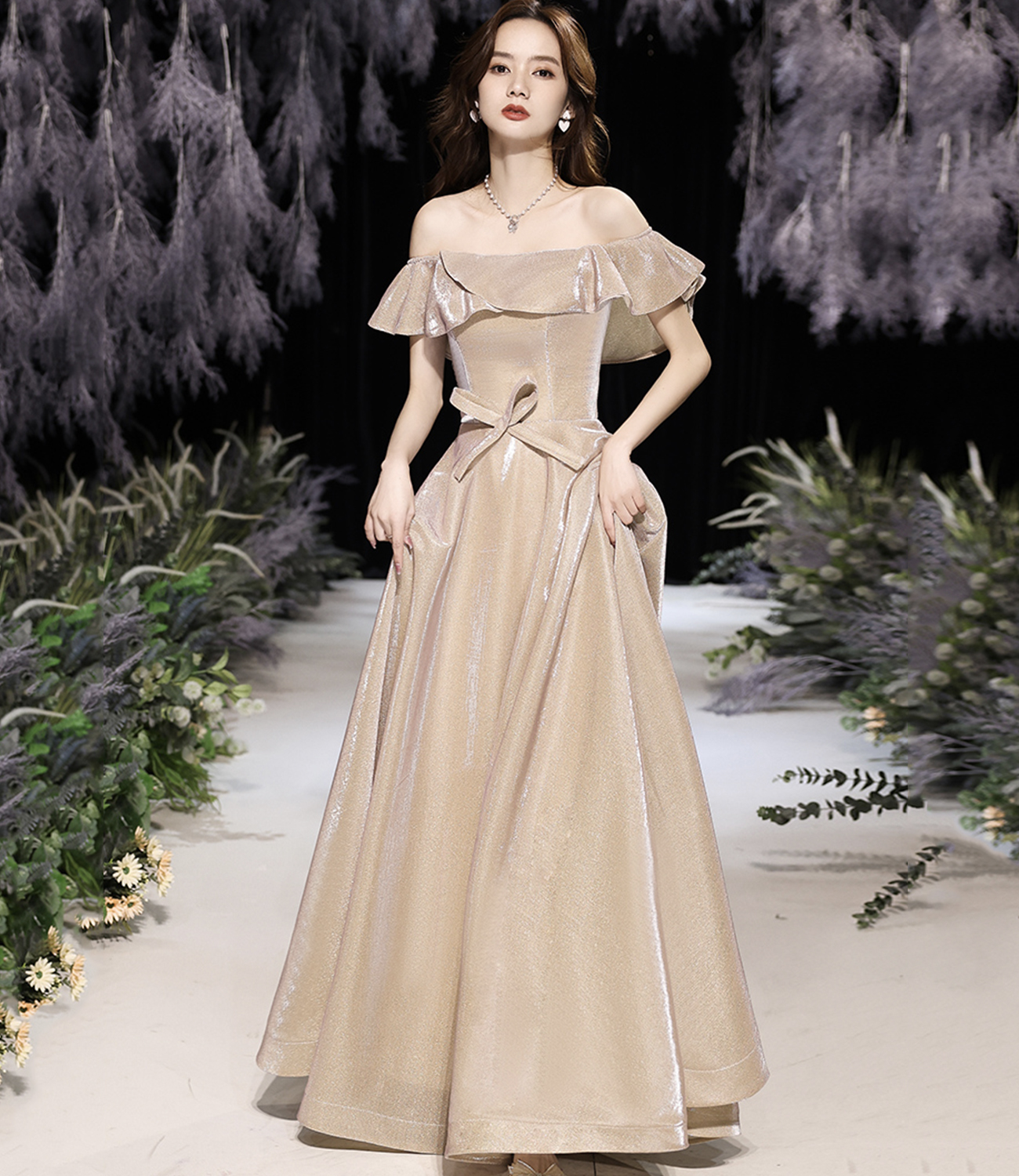 Shiny satin long A line prom dress party dress