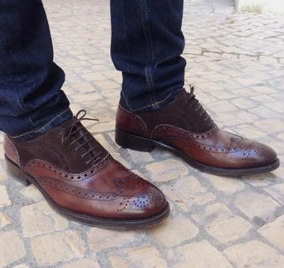 New Handmade Dark Brown Bespoke Wingtip Leather Suede Shoes