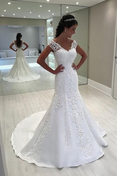 Elegant White Mermaid Cap Sleeves Wedding Dresses,1040