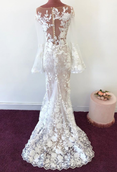 Flare Sleeves Floral Appliques Mermaid Bridal Dress,1045