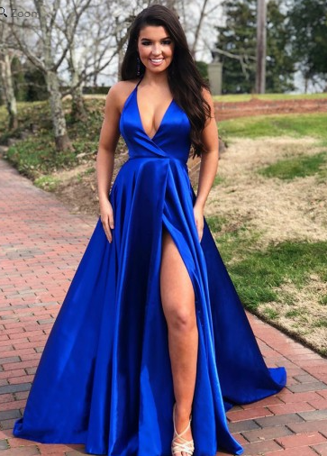 A Line Royal Blue V-neck Sleeveless Prom Evening Dress