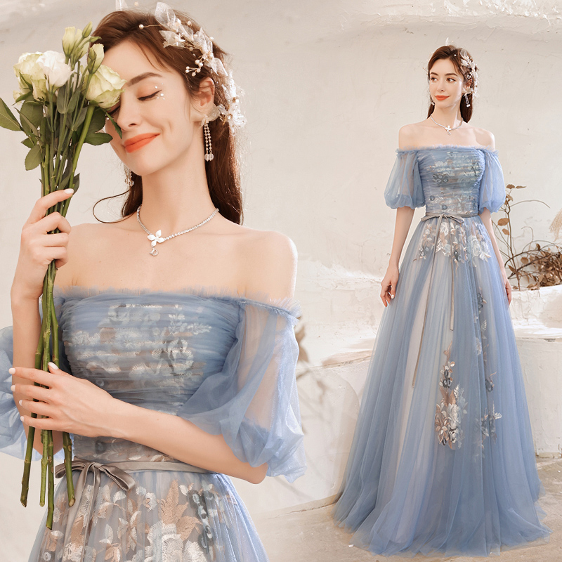 Blue lace long A line prom dress blue evening dress