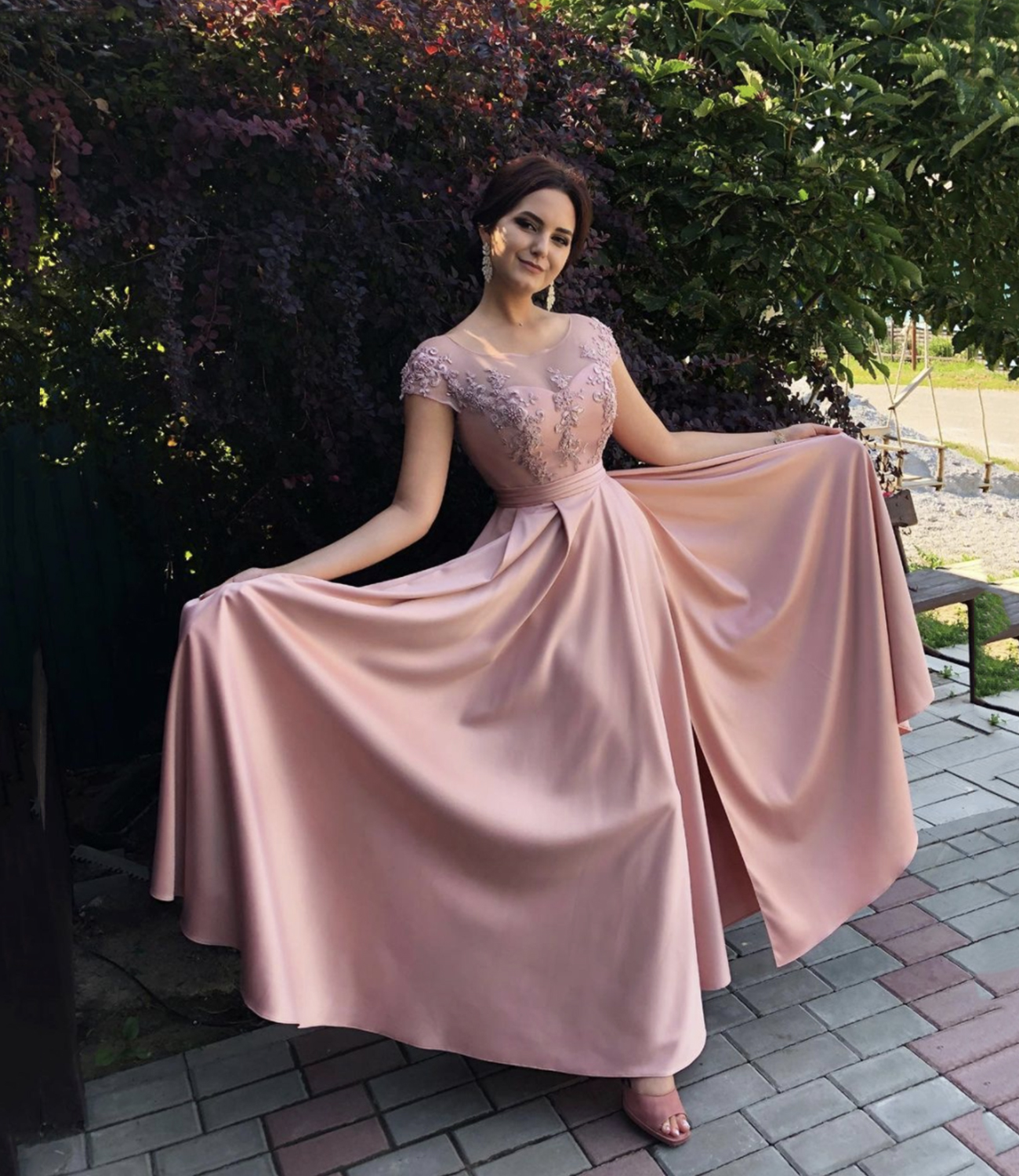 Pink satin long A line prom dress evening dress