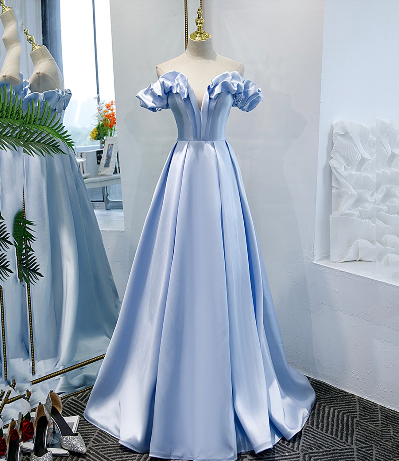 Blue satin long A line prom dress blue evening dress