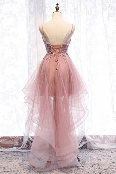 Charming Pink High Low Tulle V neck Spaghetti Straps Homecoming Dresses with Appliques,1051