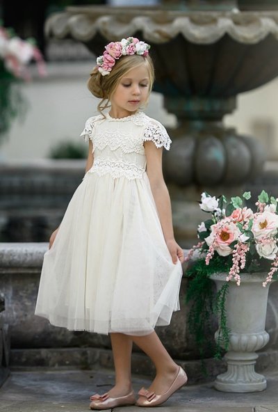 Ivory Lace Tulle Flower Girl Dresses,Cap Sleeves Cheap Flower Girl Dresses,1052