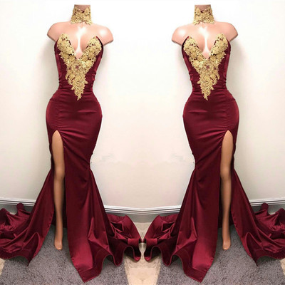 Sexy Burgundy Mermaid Front-Split Lace-Appliques High-Neck Prom Dress,1055