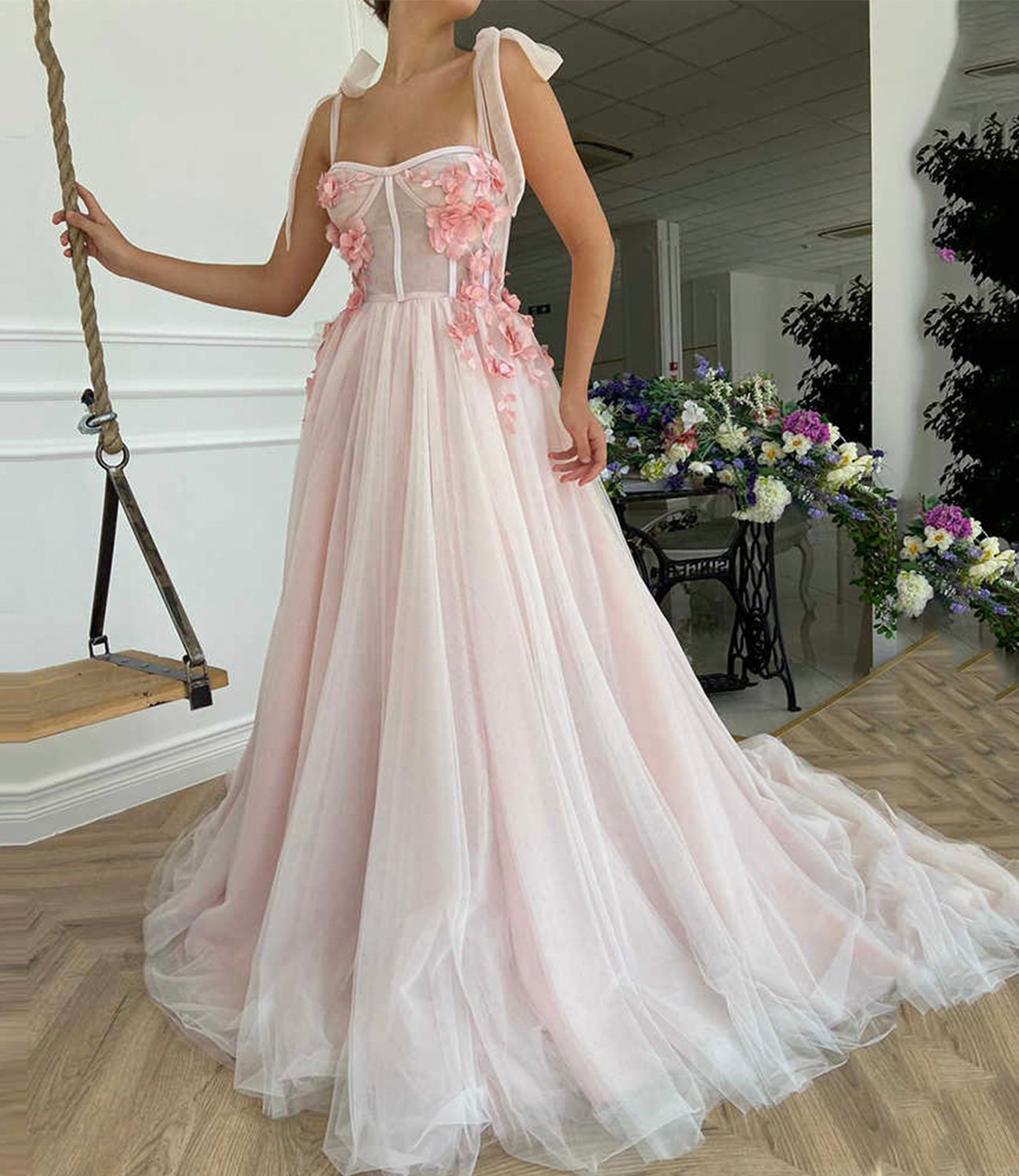 Pink tulle applique long A line prom dress evening dress