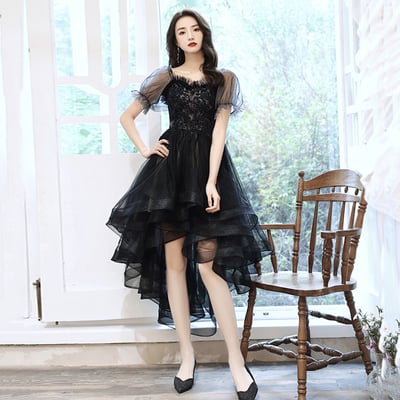 Black tulle lace high low prom dress party dress - Thumbnail 4