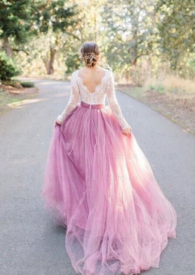 A Line Long Sleeve V Neck Pink Tulle Lace Bodice Wedding Dress
