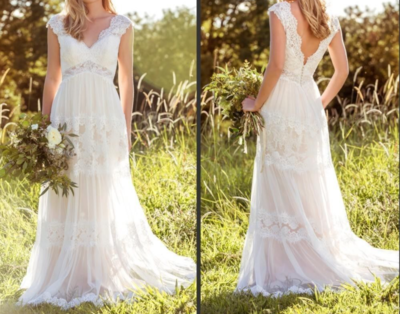 Empire Vintage V Neck Beach Lace White Wedding Dresses Bridal Gowns Custom,543