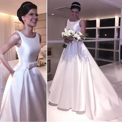 Concise Puffy Satin Scoop-Neck Court Train Wedding Dress with Front Bow and Pockets Bridal Gowns Long Prom Dresses,545