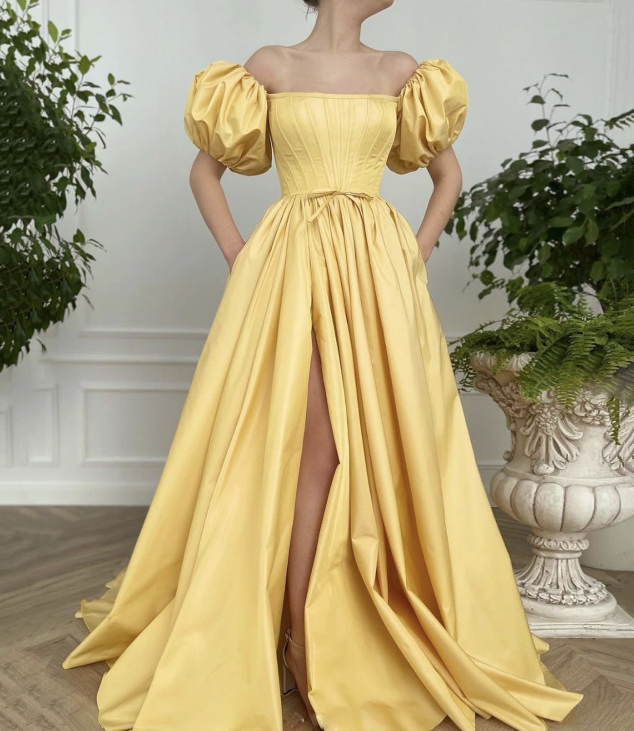 Yellow satin long A line prom dress yellow evening dress