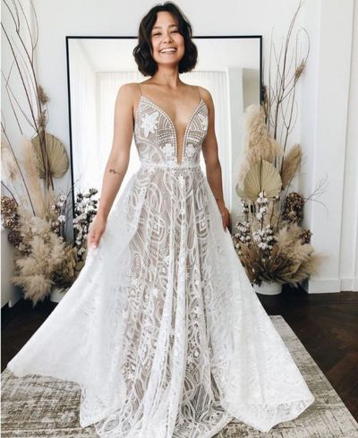 Bohemian A Line V Neck Straps White Lace Wedding Dresses, 2021 Fashion Beach Wedding Dress