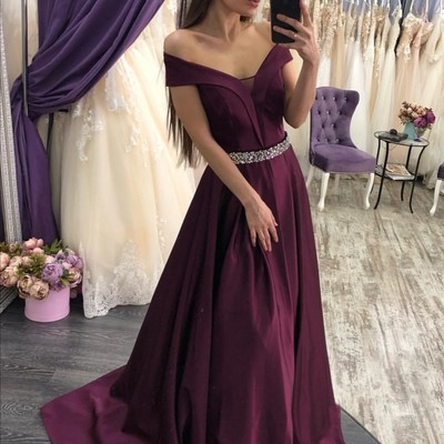 Elegant off the shoulder grape satin long prom evening dresses with beading - Thumbnail 2
