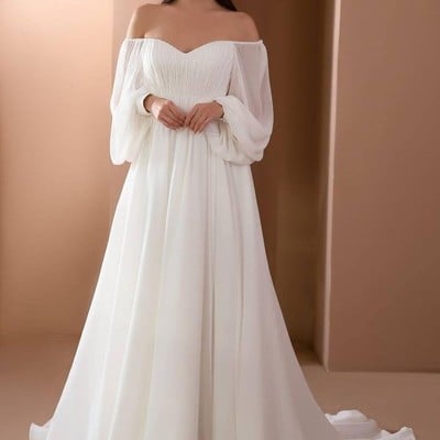 Simple a-line off the shoulder long sleeve chiffon beach wedding dresses - Thumbnail 1