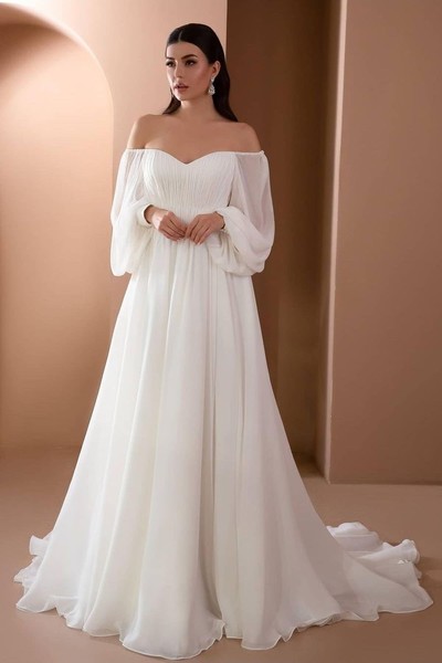 Simple A-Line Off the Shoulder Long Sleeve Chiffon Beach Wedding Dresses