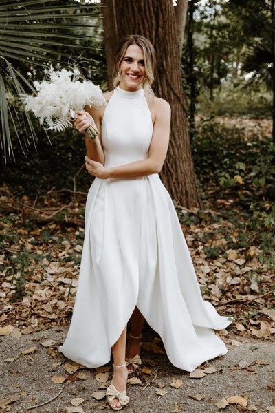 Modest A-Line Halter White Satin Wedding Dresses
