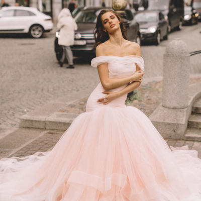 Princess mermaid off the shoulder light pink wedding dresses formal evening dresses - Thumbnail 2