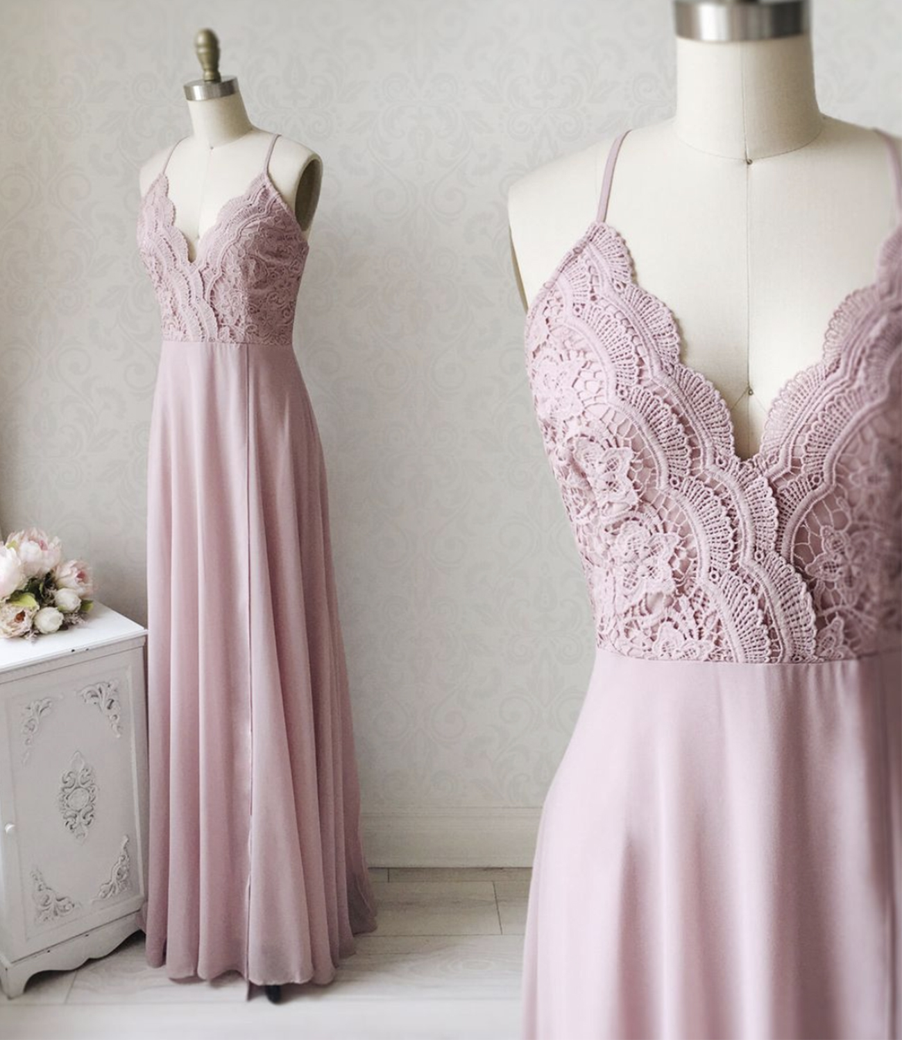 Pink chiffon lace long A line prom dress evening dress