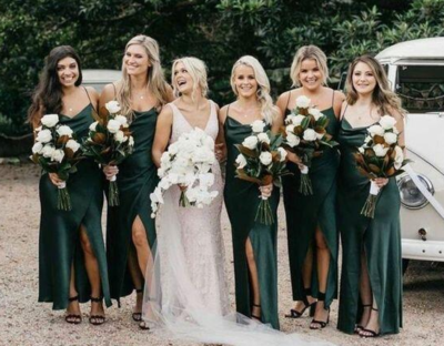 A Line Spaghetti Straps Dark Green Satin Bridesmaid Dresses with Split