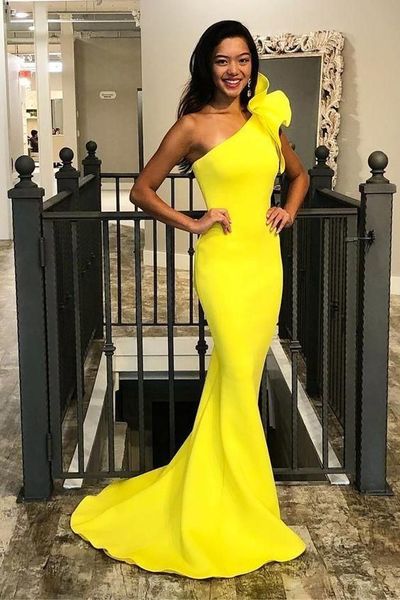 Fitted One Shoulder Yellow Pageant Dress,Simple Prom Dresses,Satin Party Dresses,1060