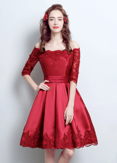 Off Shoulder burgundy lace satin short prom dress