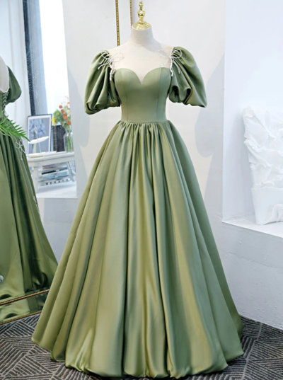Simple a line green satin long prom dress, evening dress