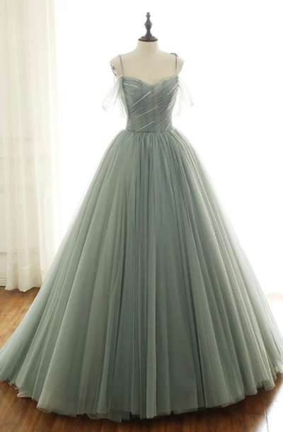 Simple ball gown prom dress with spaghetti straps, sage green sweet 16 dress prom gown