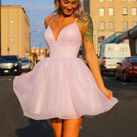 Glitter A-Line Sweetheart Spaghetti Straps Pink Short Homecoming Dresses - Thumbnail 1