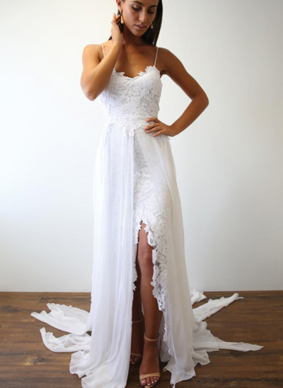 A Line V Neck Lace Wedding Dresses with Split
