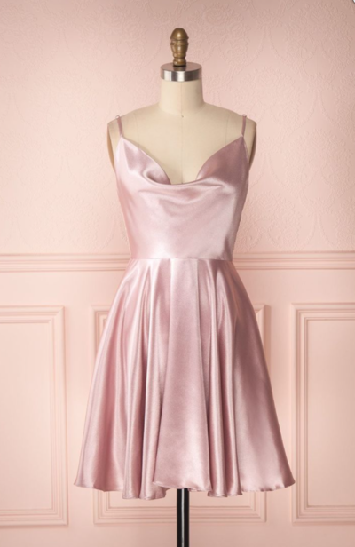 Open Back Blush Pink Satin Short Homecoming Dresses