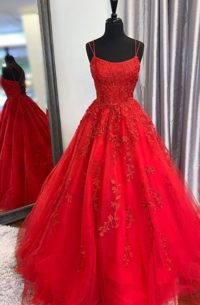 A Line Cute Scoop Neck Straps Red Prom Dress
