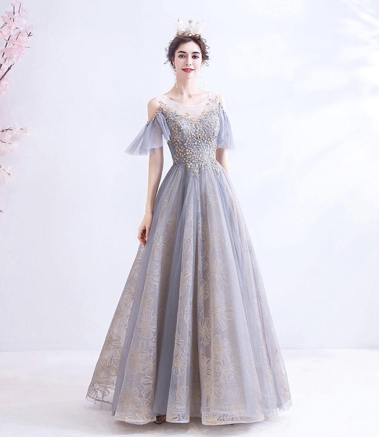 Cute tulle long A line prom dress evening dress