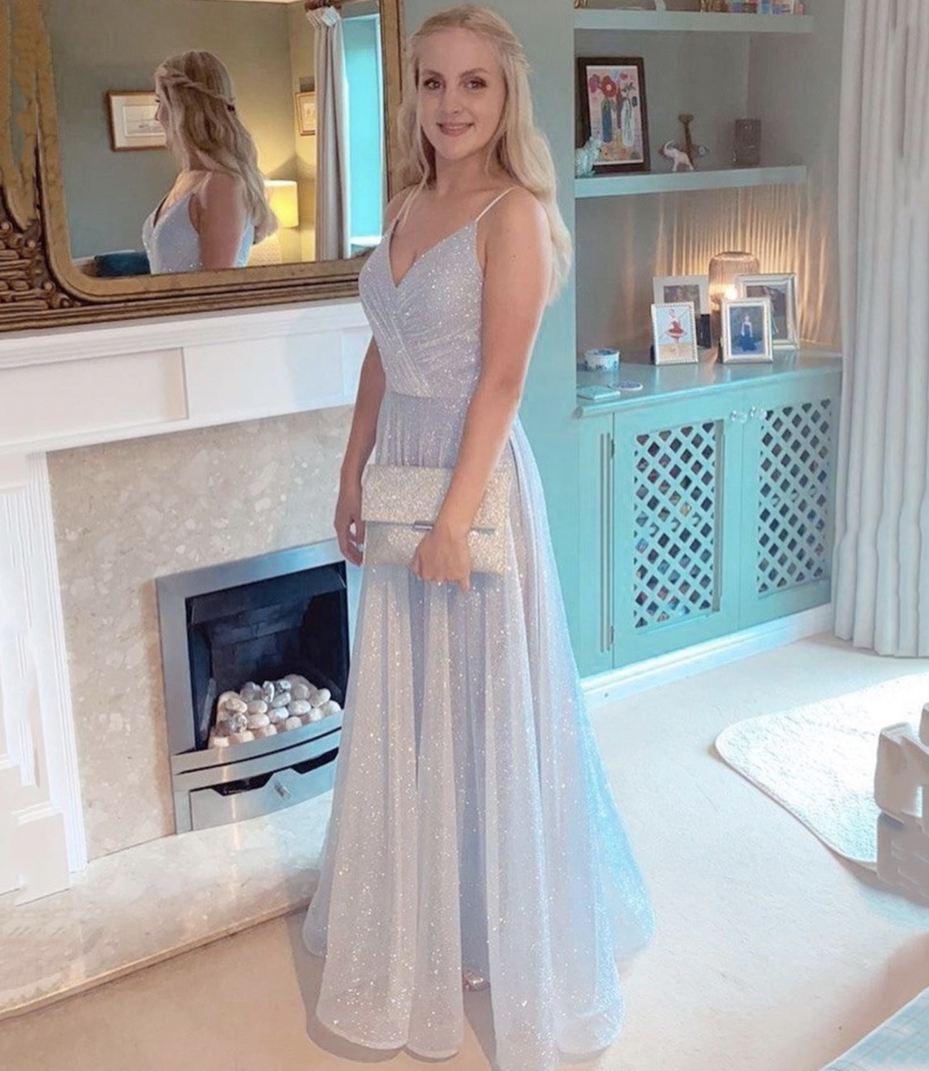 White tulle sequins long A line prom dress evening dress