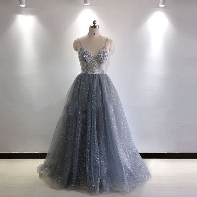 Exquisite ball gown v neck grey tulle prom dresses with beading - Thumbnail 1