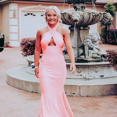 Chic mermaid halter backless pink satin long prom evening dresses 2022 - Thumbnail 4