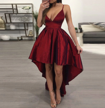 Stylish A-Line Dark Red High Low Homecoming Dresses Prom Evening Dresses