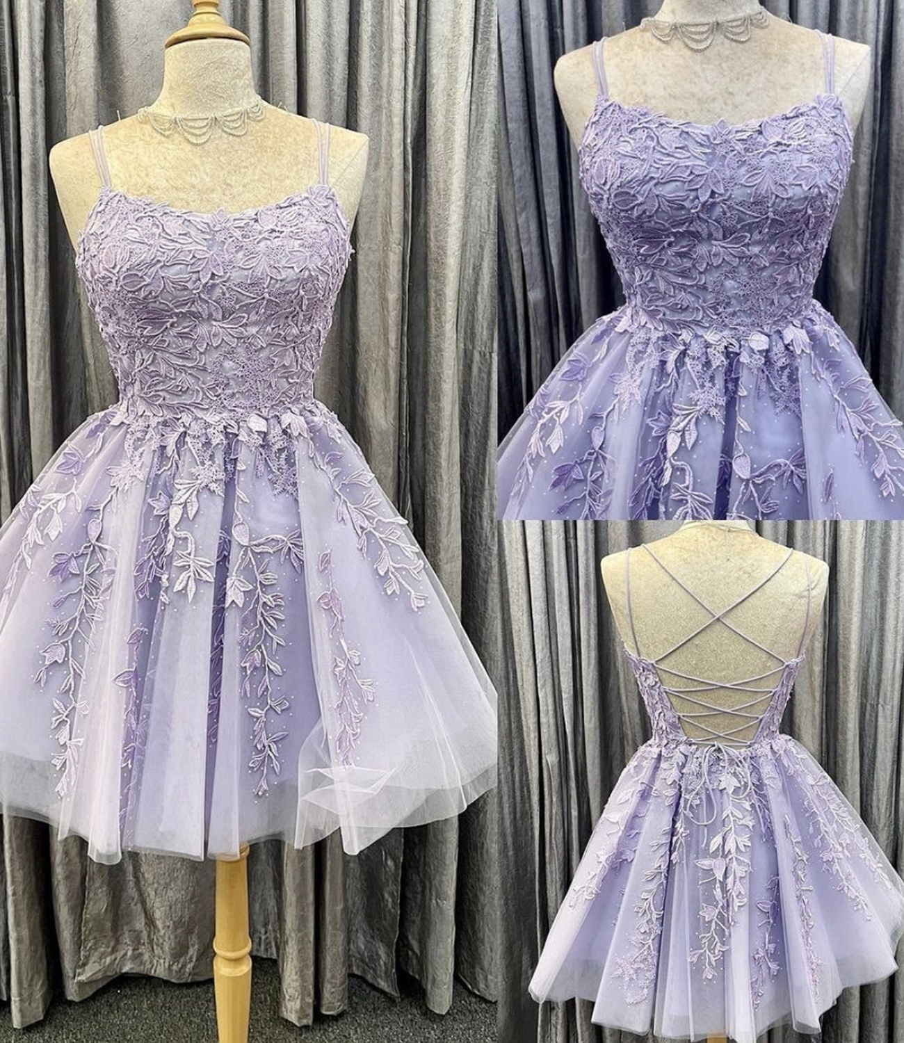 Purple tulle lace short A line prom dress evening dress