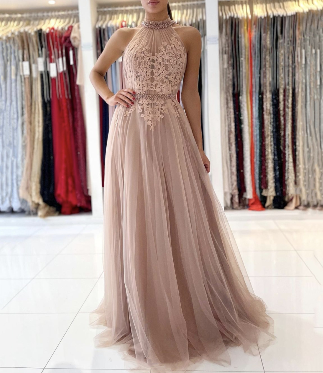 Cute lace long A line prom dress evening dress