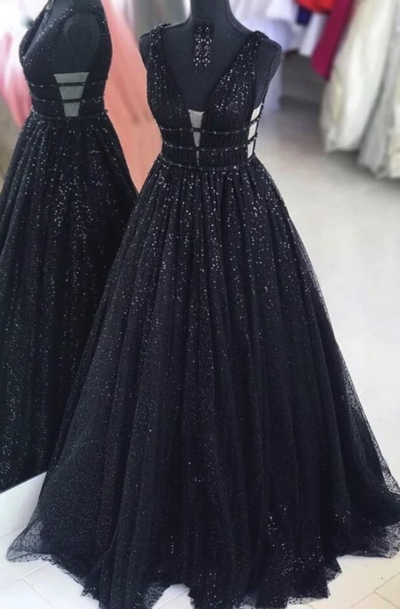 A Line Ball Gown Sparkle Black Prom Dress
