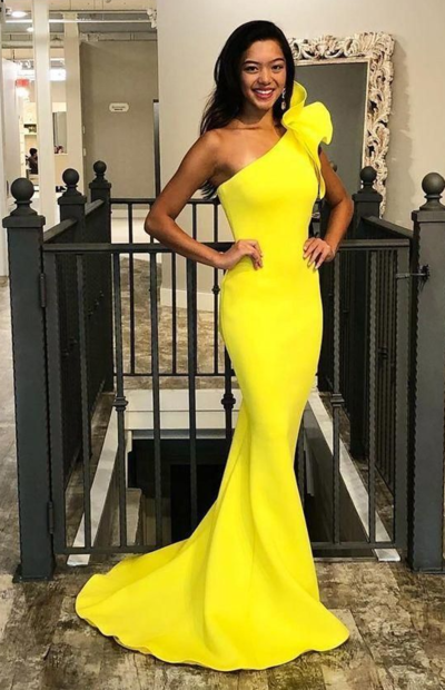 Mermaid One Shoulder Yellow Stain Prom Dress