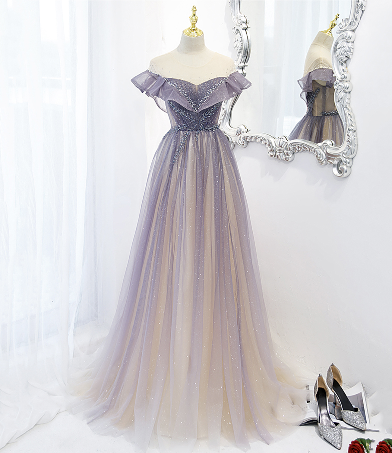 Purple tulle long A line prom dress evening dress