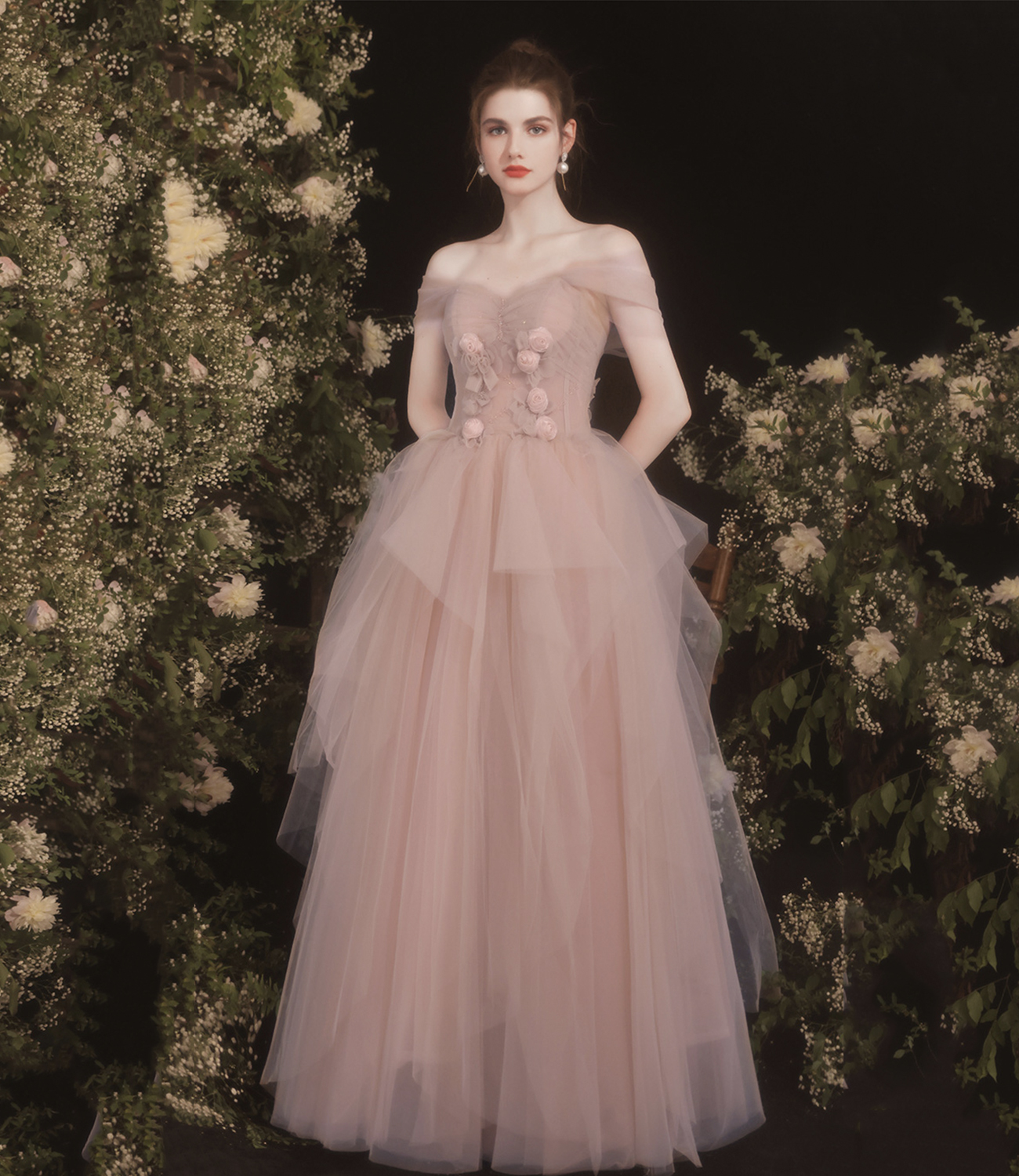 Pink tulle long A line prom dress pink evening dress