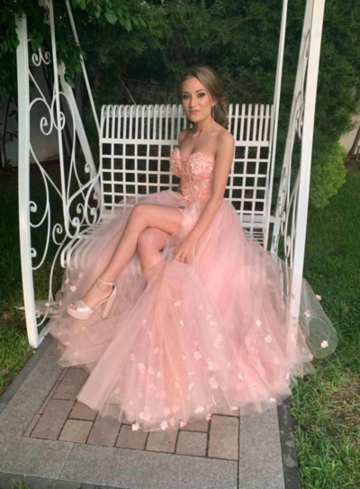 Gorgeous Sweetheart Light Pink Tulle Long Prom Evening Dresses with Appliques