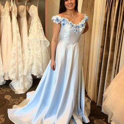 Princess a-line off the shoulder light blue satin long prom evening dresses - Thumbnail 1