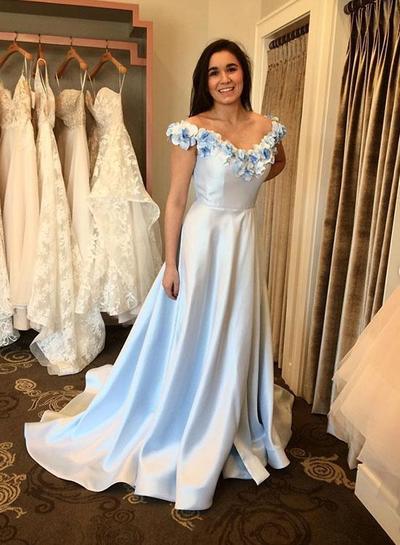 Princess A-Line Off the Shoulder Light Blue Satin Long Prom Evening Dresses