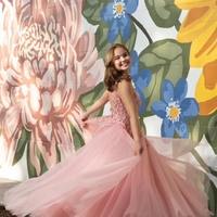 Cute A-Line V Neck Pink Tulle Long Prom Quinceanera Dresses with Lace Appliques - Thumbnail 1