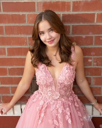 Cute A-Line V Neck Pink Tulle Long Prom Quinceanera Dresses with Lace Appliques